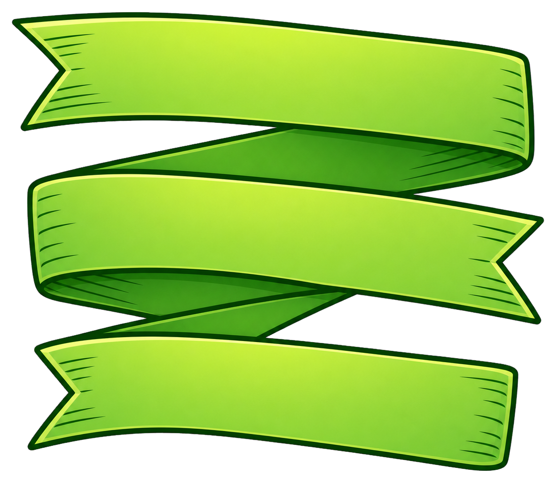 Three stacked green ribbon banners with pointed ends and a blank center
