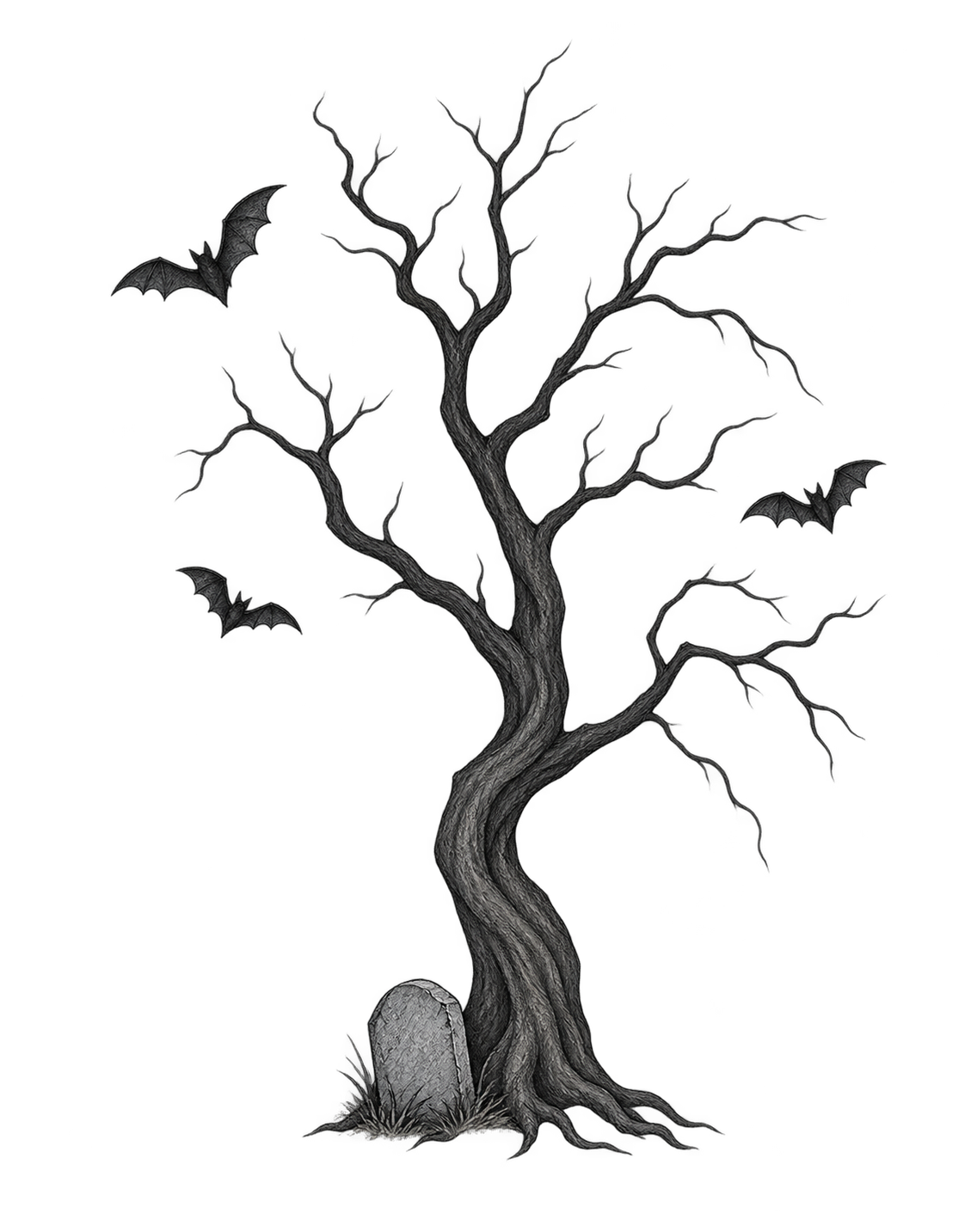 Preview for Ink Black Autumn Tree With Flying Halloween Bats