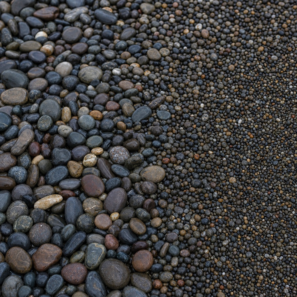 Rain-darkened smooth pebbles transitioning into fine gravel texture