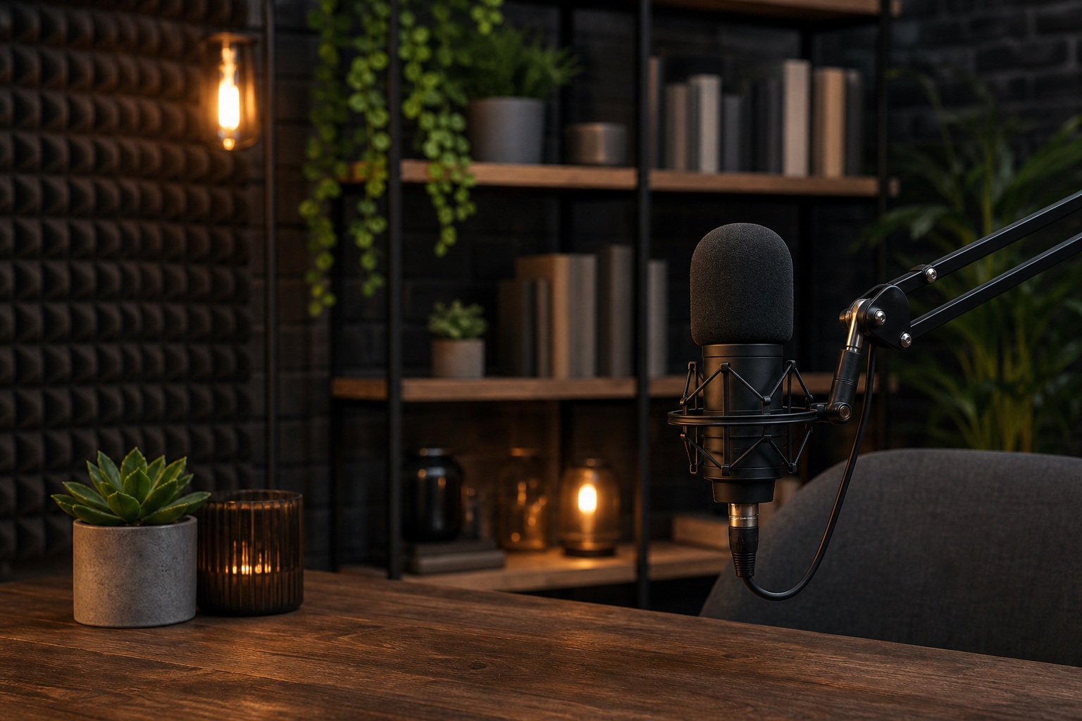 Podcast studio desk with microphone, shelves, plants, and warm lighting.