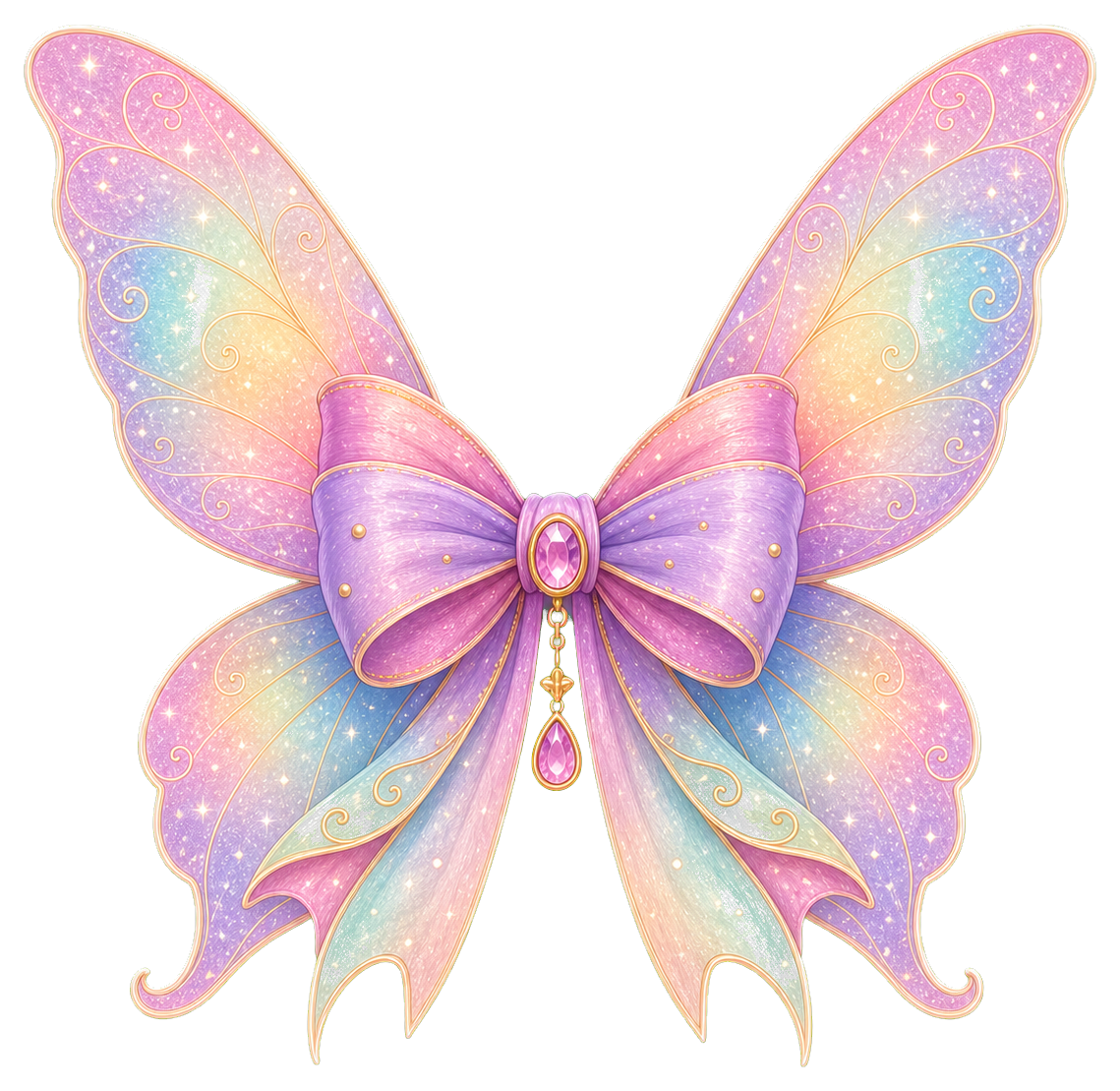 Pastel fairy wings with a purple bow and sparkling magical details