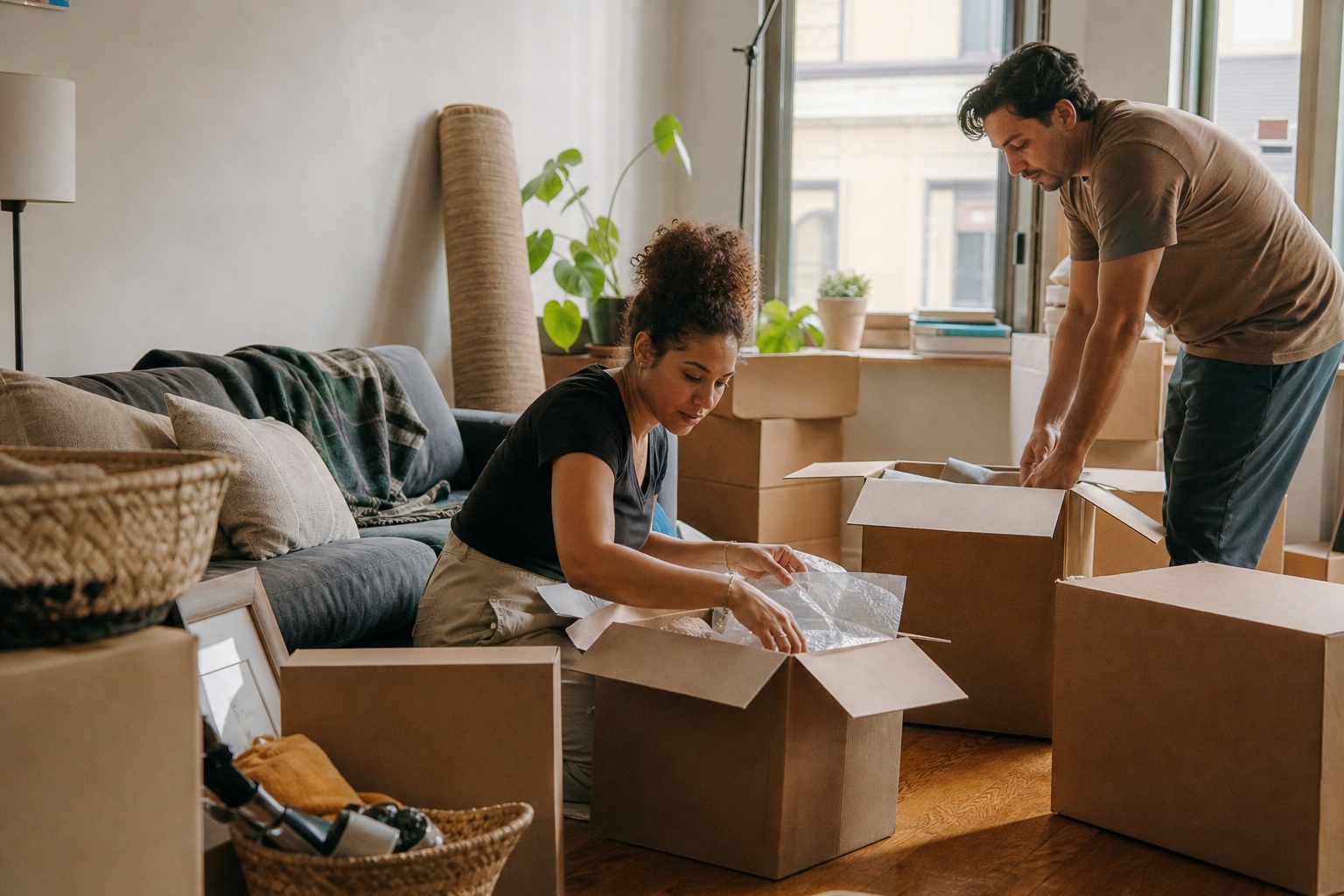 Two people unpacking moving boxes in a sunlit apartment room