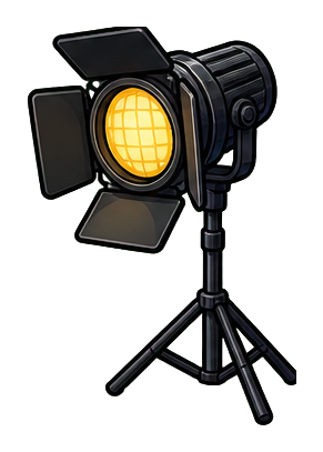 A black studio light on a tripod with a glowing yellow lamp and barn doors.