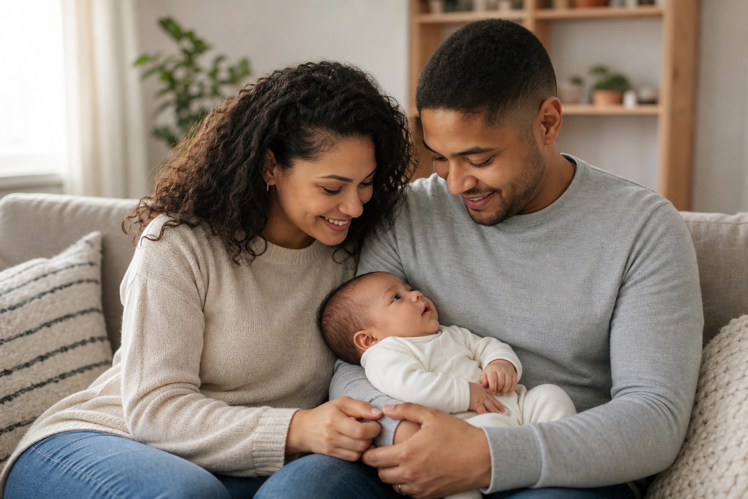 Smiling new parents holding a newborn baby on a couch at home.