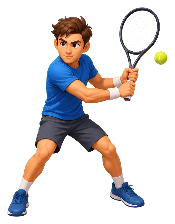 Cartoon tennis player in blue shirt holding a racket with a tennis ball beside him