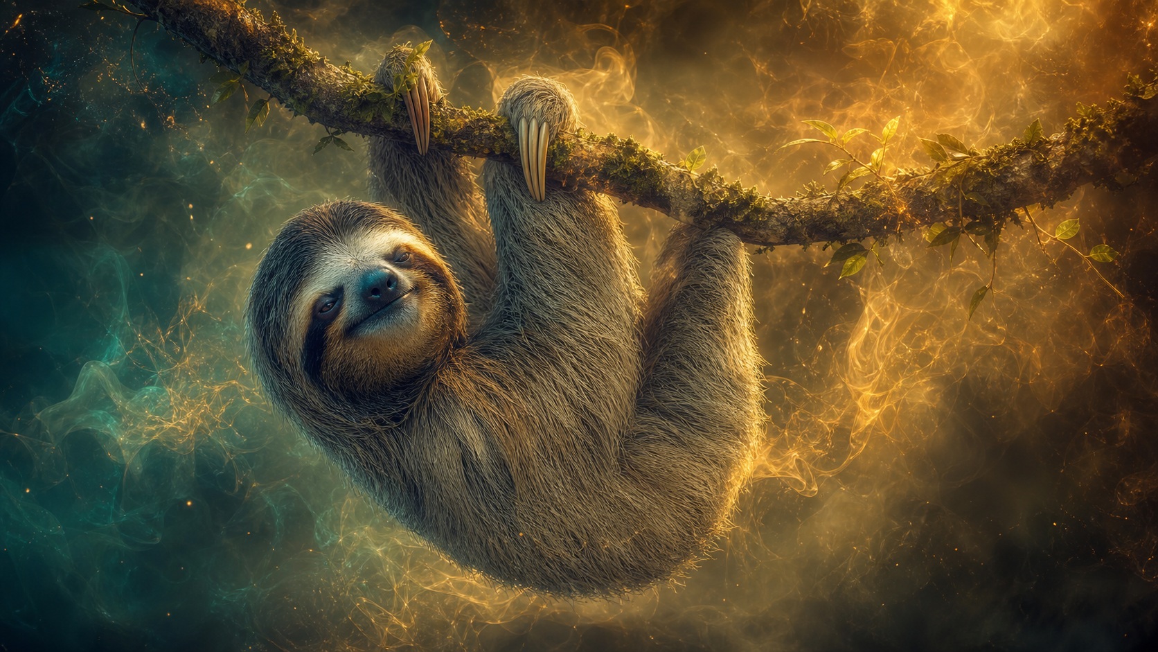 Three-toed sloth floating in amber light with smoky glowing clouds