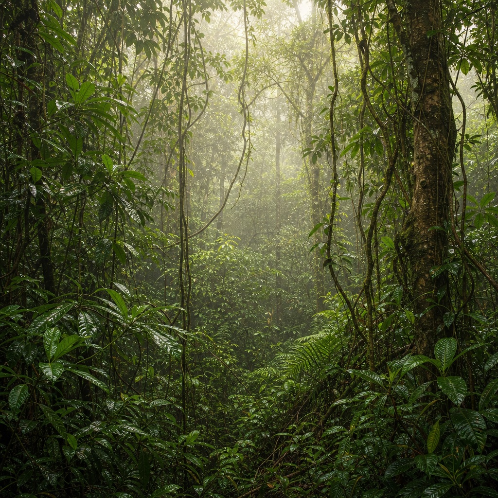 Mist-softened rainforest canopy with dense tropical greenery and hanging vines