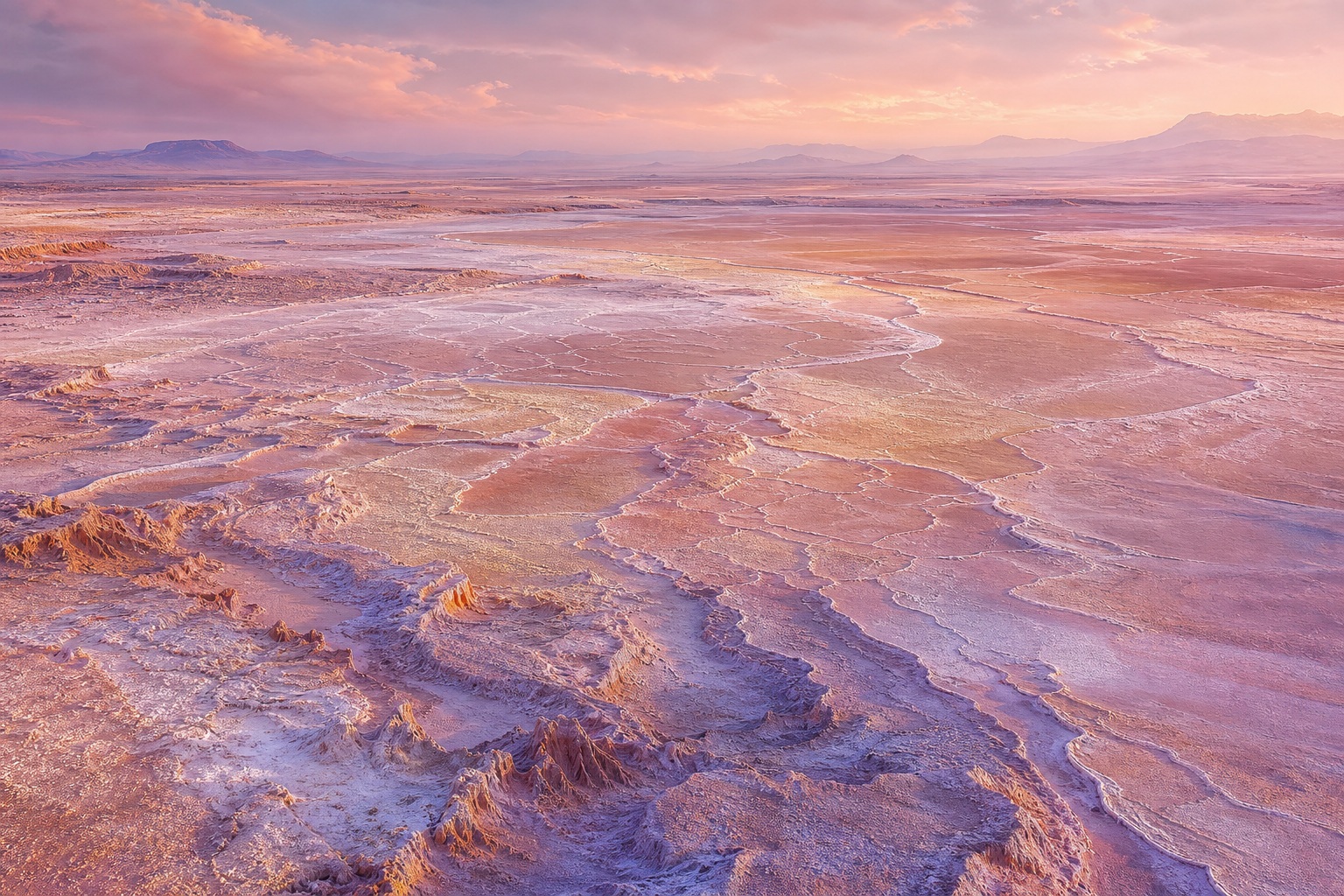 Layered salt basin desert landscape lit by soft rose gold dawn light