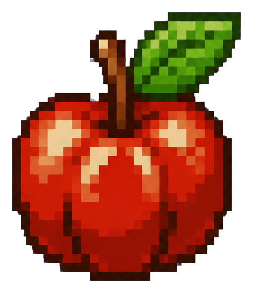 Pixel art red fruit with a stem and green leaf on a transparent background.