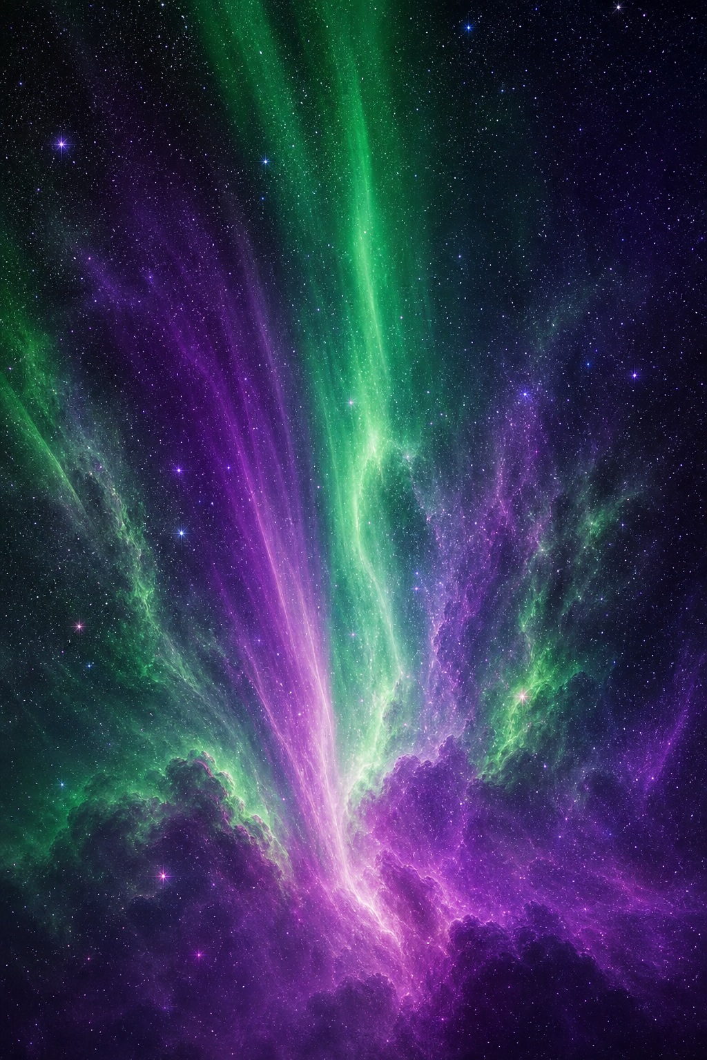 Green and violet nebula lights streaming through a dark cosmic sky