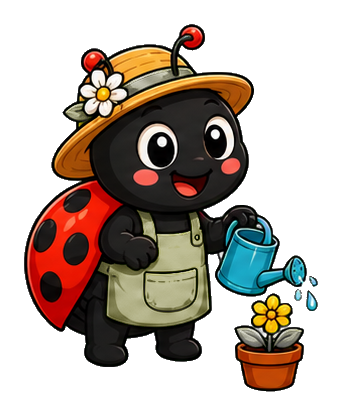 Cute ladybug gardener wearing a hat and apron with a watering can beside flowers.