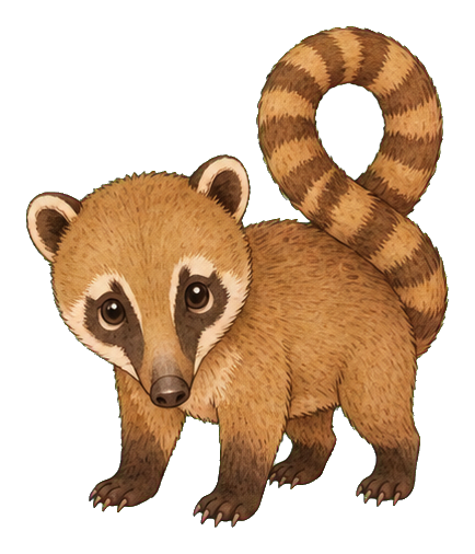 Cute brown coati with a curled pretzel-like tail standing on a transparent background.