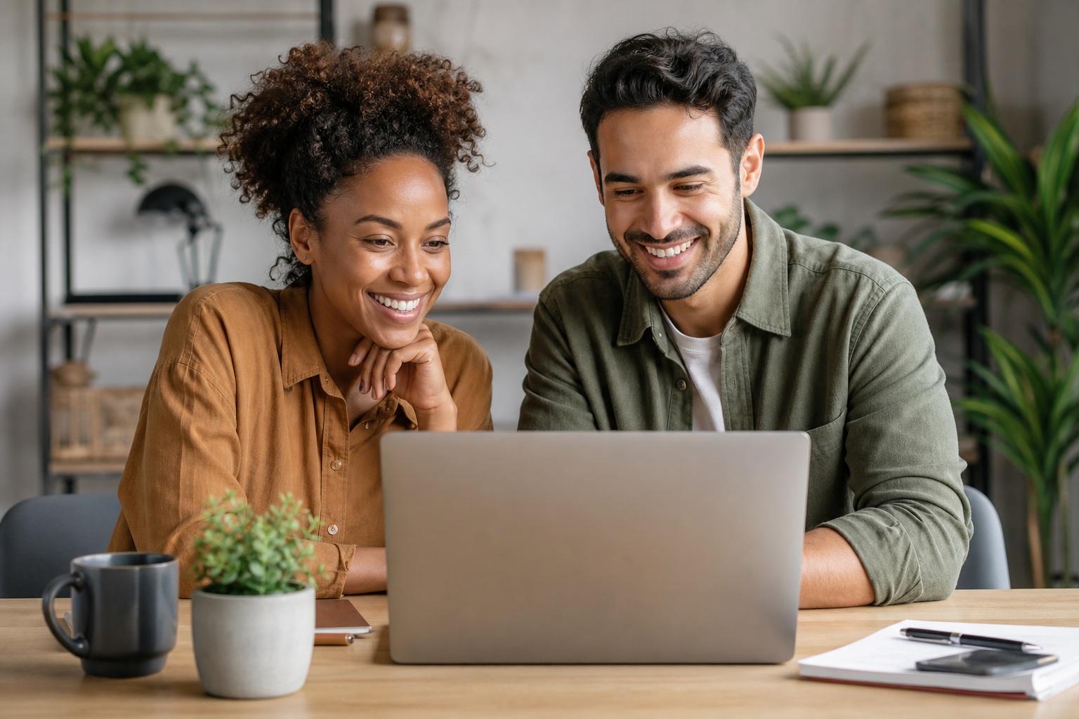 Two smiling people working together at a laptop in a bright home office.