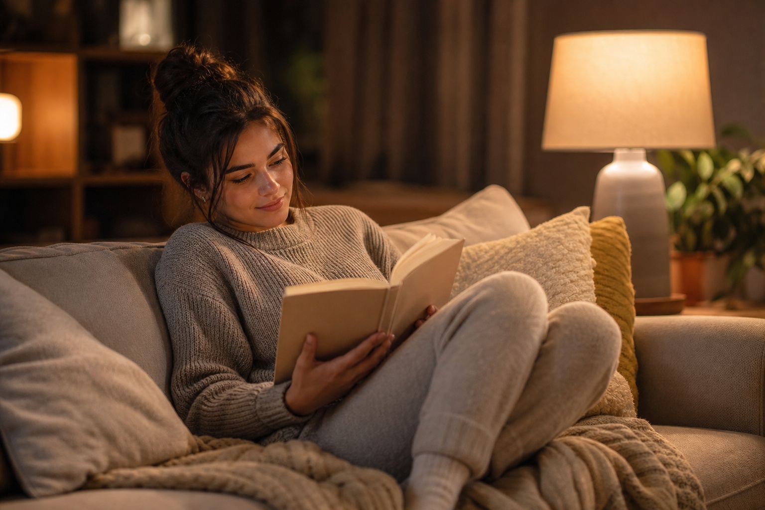 Woman sitting on a couch reading a book beside a warm lamp in a cozy living room.