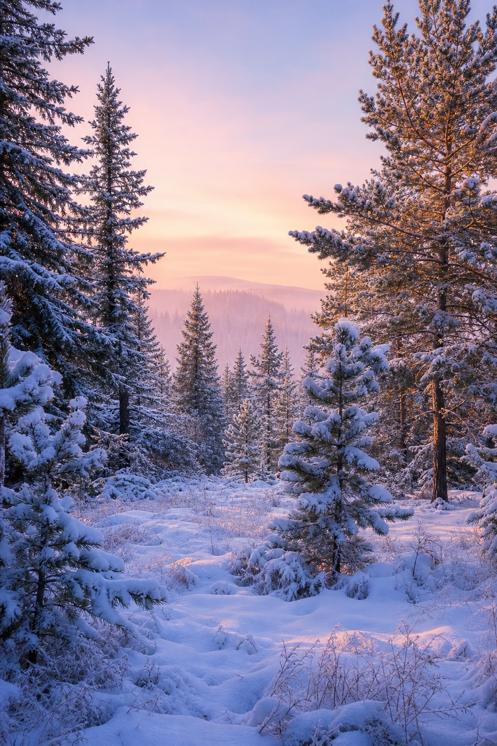 Preview for Pink Dawn Winter Pine Forest Background