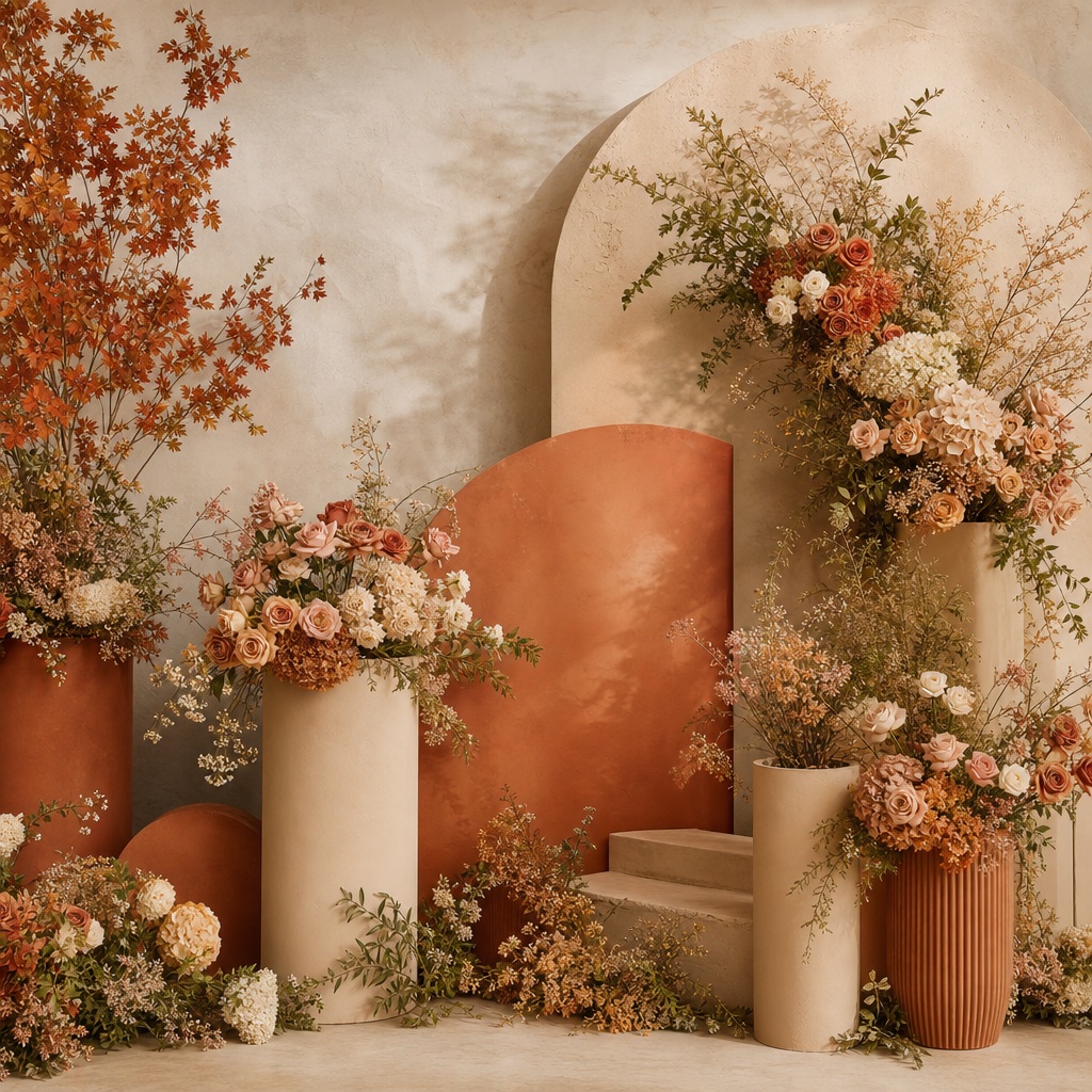 Terracotta arches with layered floral arrangements in a warm wedding-style backdrop.