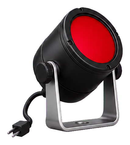 Compact black stage light with a red front lens on a silver stand
