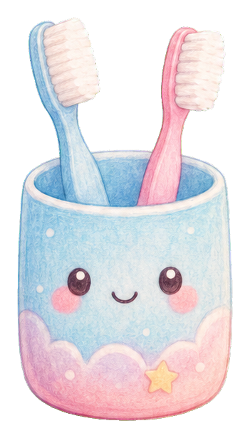 Cute pastel toothbrush cup with two toothbrushes and a smiling face