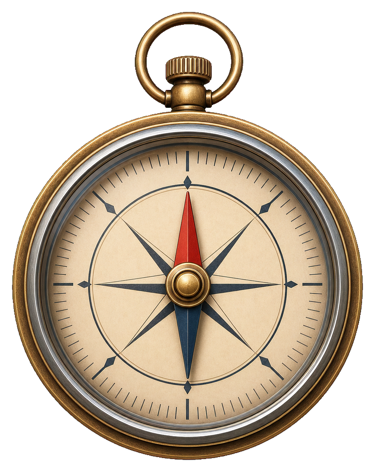 Blank vintage compass with cream face, gold rim, and blue and red needle.