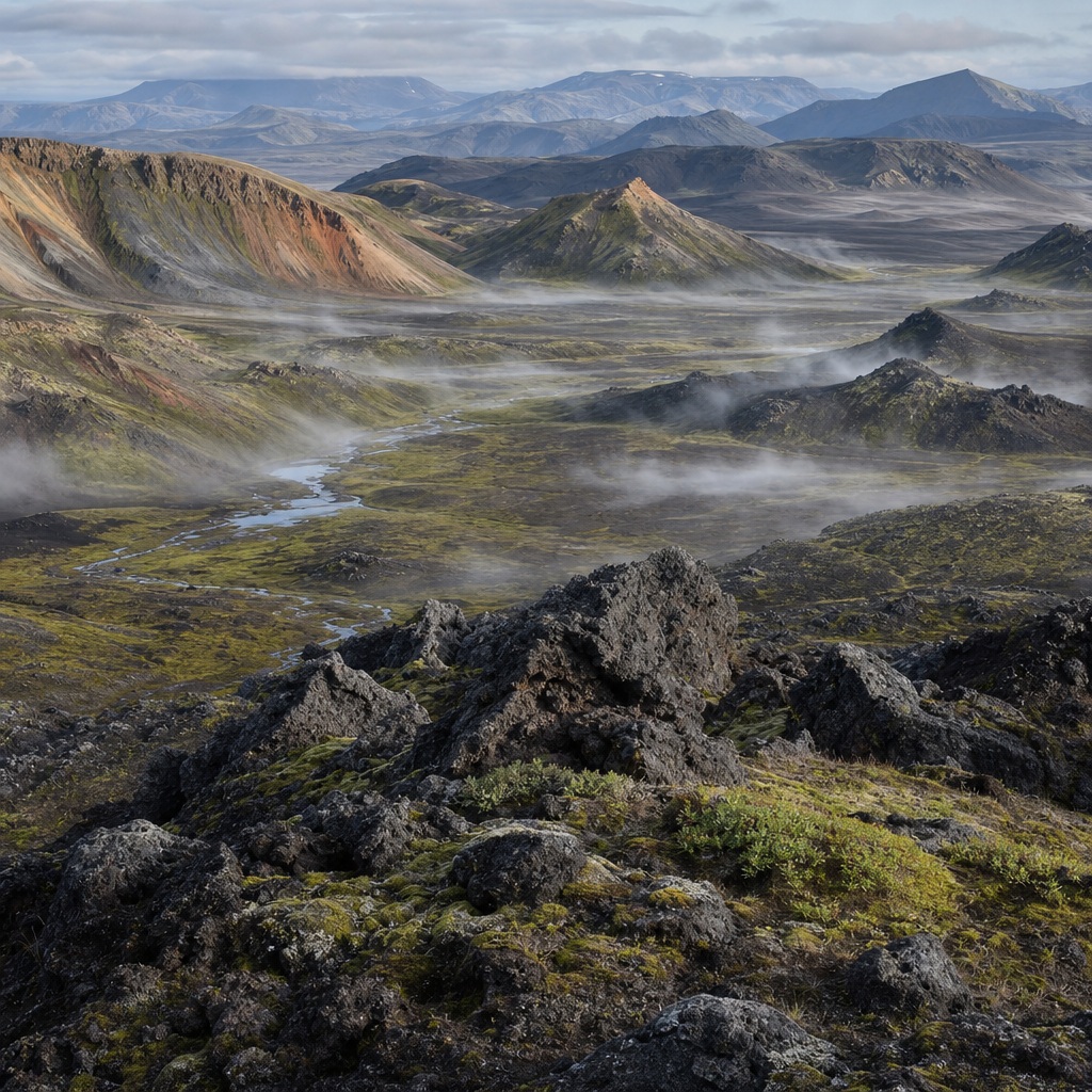 Misty volcanic ridge valley with basalt rocks, lava field, and distant mountains
