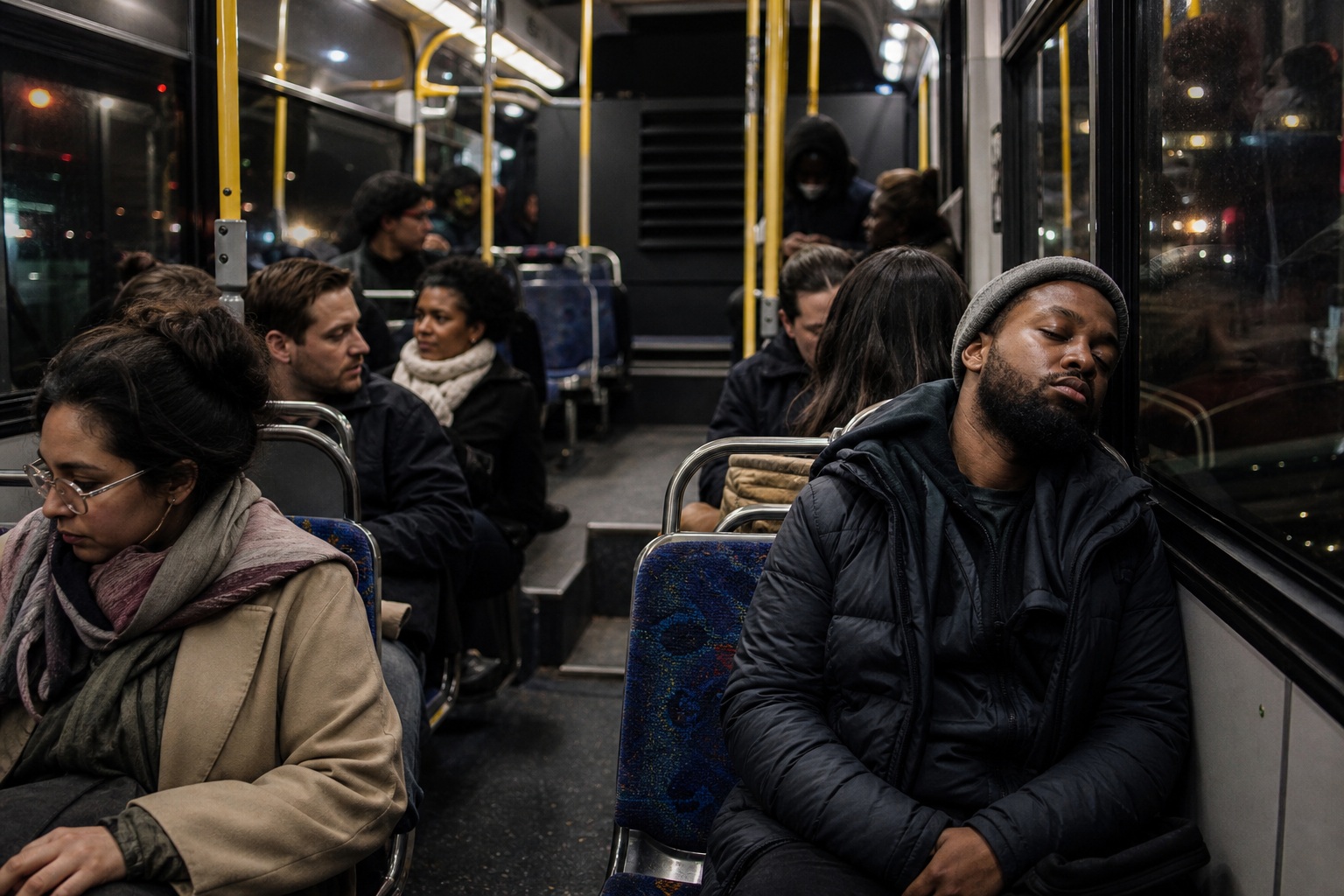 Passengers seated inside a bus at night with yellow handrails and dim interior lighting.