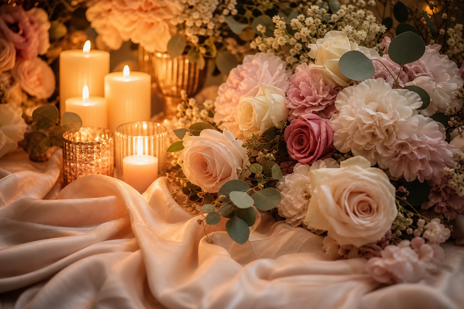 Soft pink and cream flowers with lit candles on a warm satin backdrop