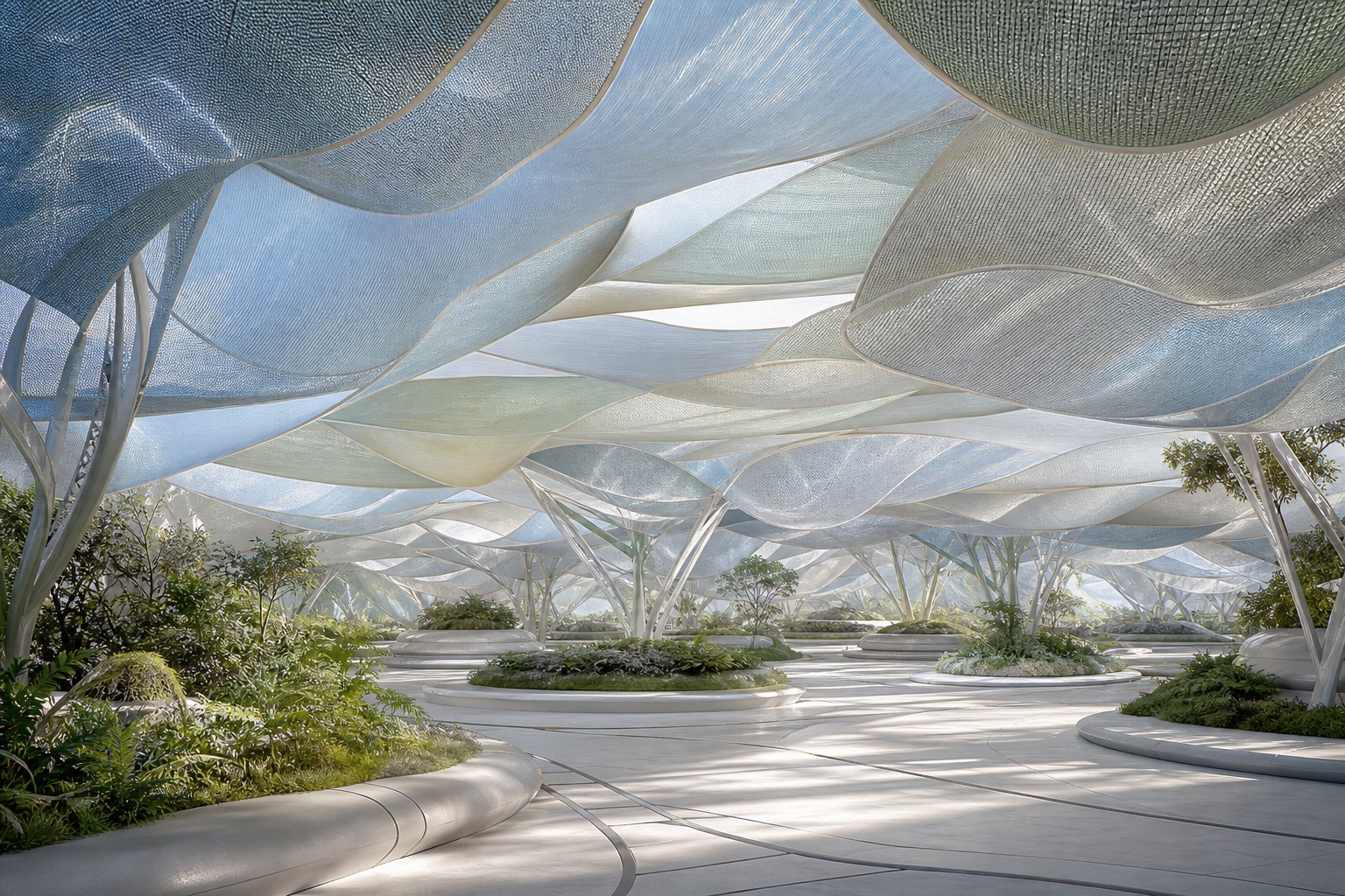 Futuristic habitat interior with curved canopy, plants, and bright dawn light