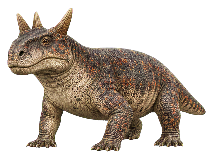Realistic prehistoric Estemmenosuchus standing in profile with a crowned head and textured brown-gray skin.