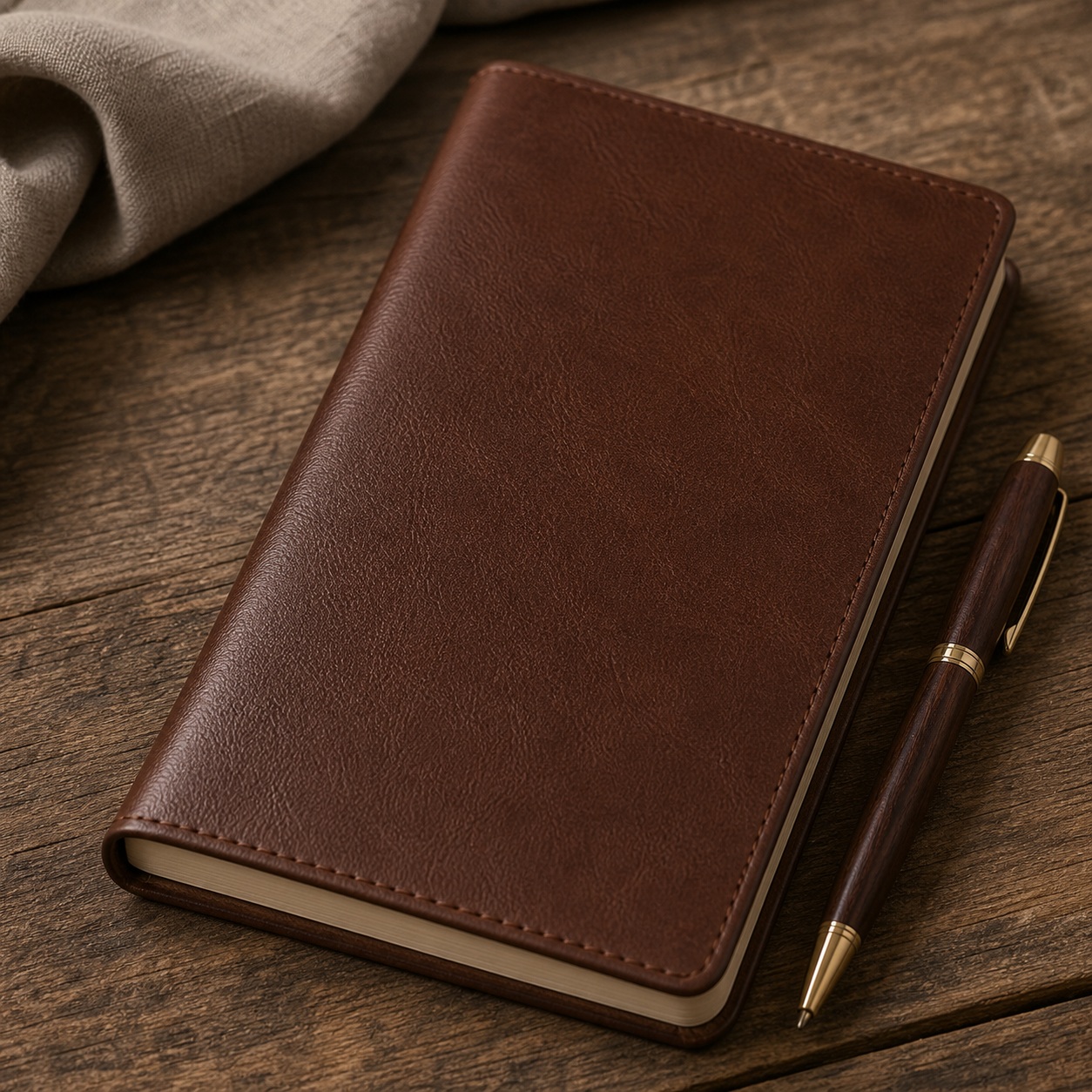 Brown leather notebook and pen on a wooden desk with folded fabric