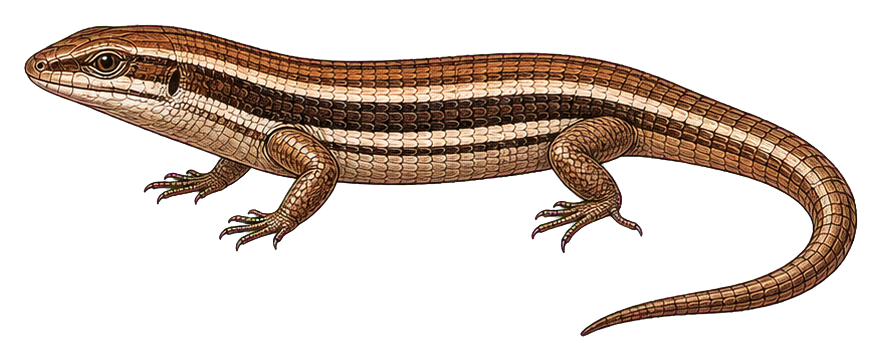 Vintage-style skink reptile sticker with a long striped body and tail