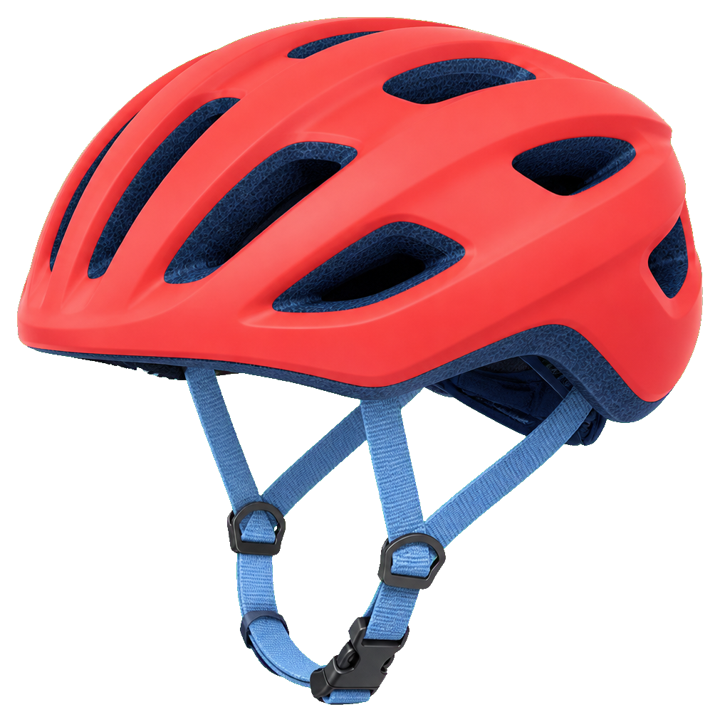 Red bicycle helmet sticker with straps on a transparent background