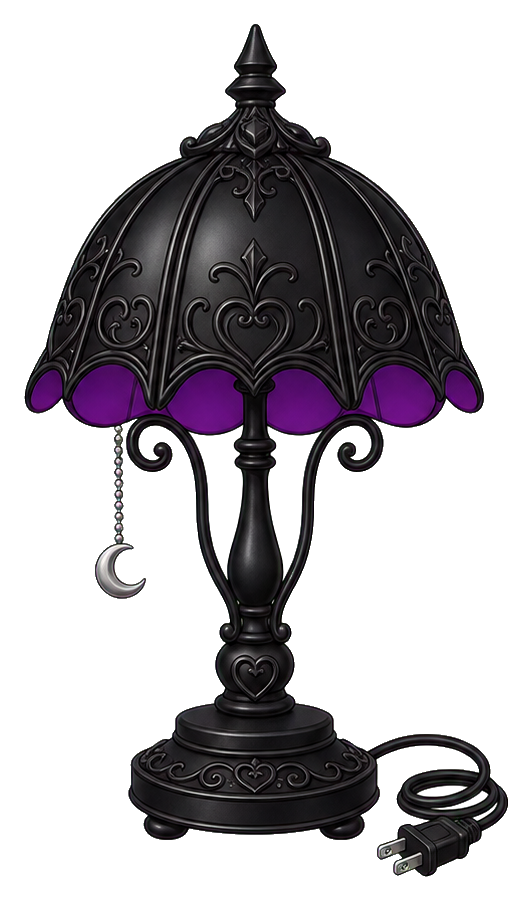 Black gothic desk lamp with purple lampshade trim and dangling crescent detail