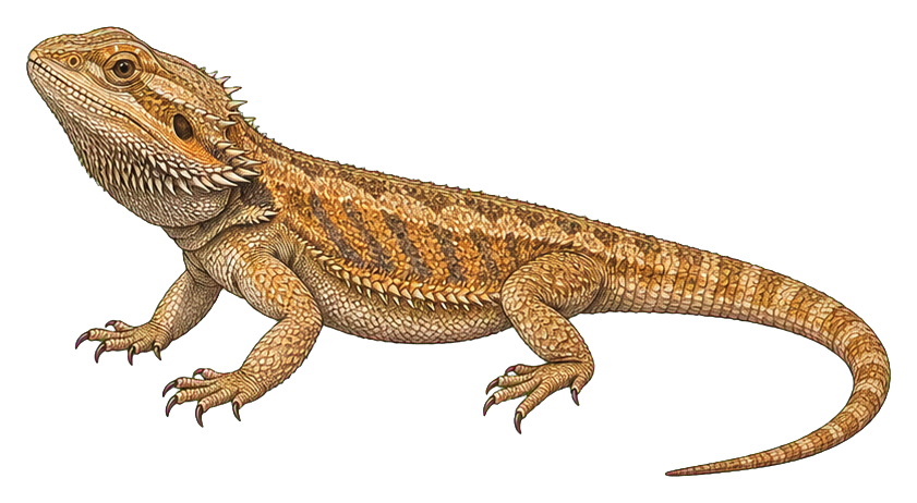 Vintage-style bearded dragon illustration in a side view pose.