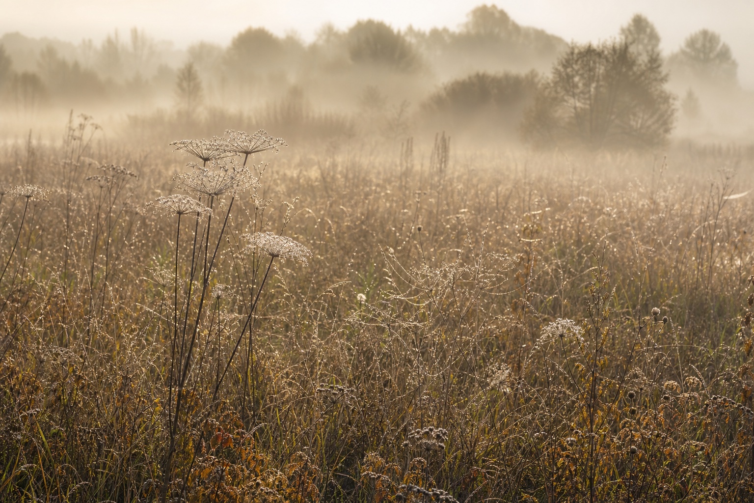 Fog drifting over a grassy meadow with backlit seed heads and soft morning light