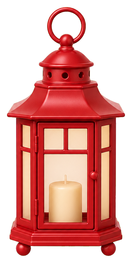 Red lantern with a candle inside and a ring handle on top.
