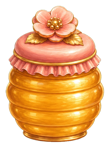 Honey jar with a pink flower lid and golden bee-inspired detailing.