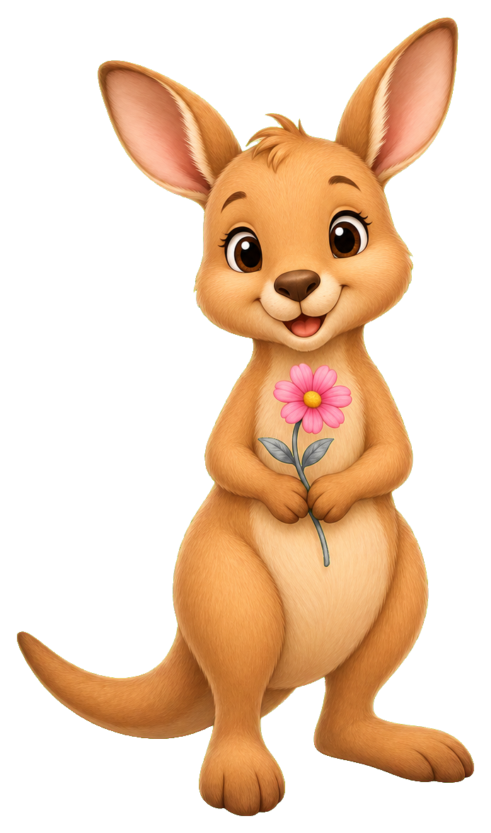 Cute kangaroo holding a pink flower while standing upright.