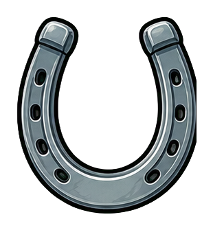 Silver horseshoe-shaped sticker graphic with nail holes on a dark background.