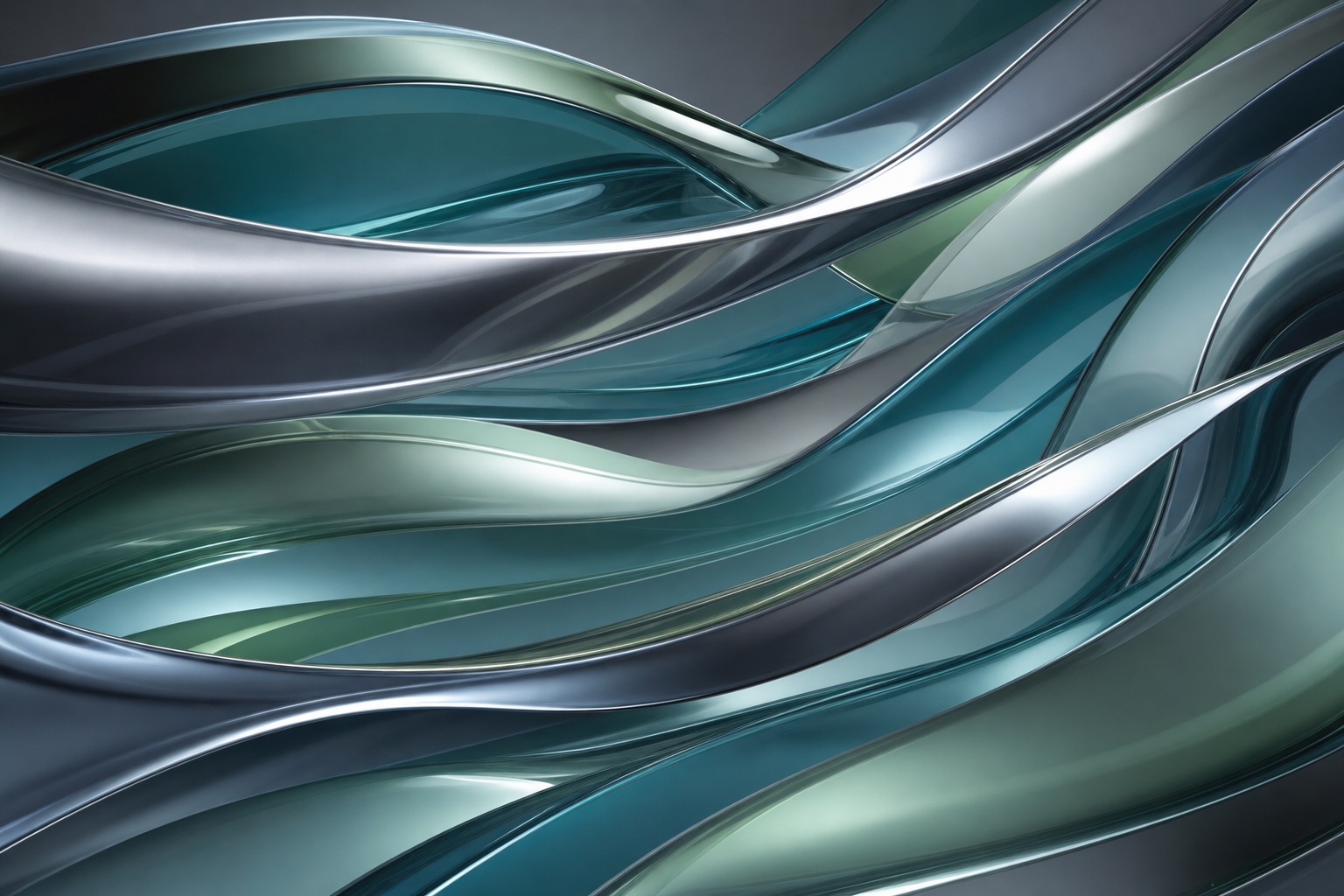 Translucent teal and silver chrome ribbons forming layered abstract curves