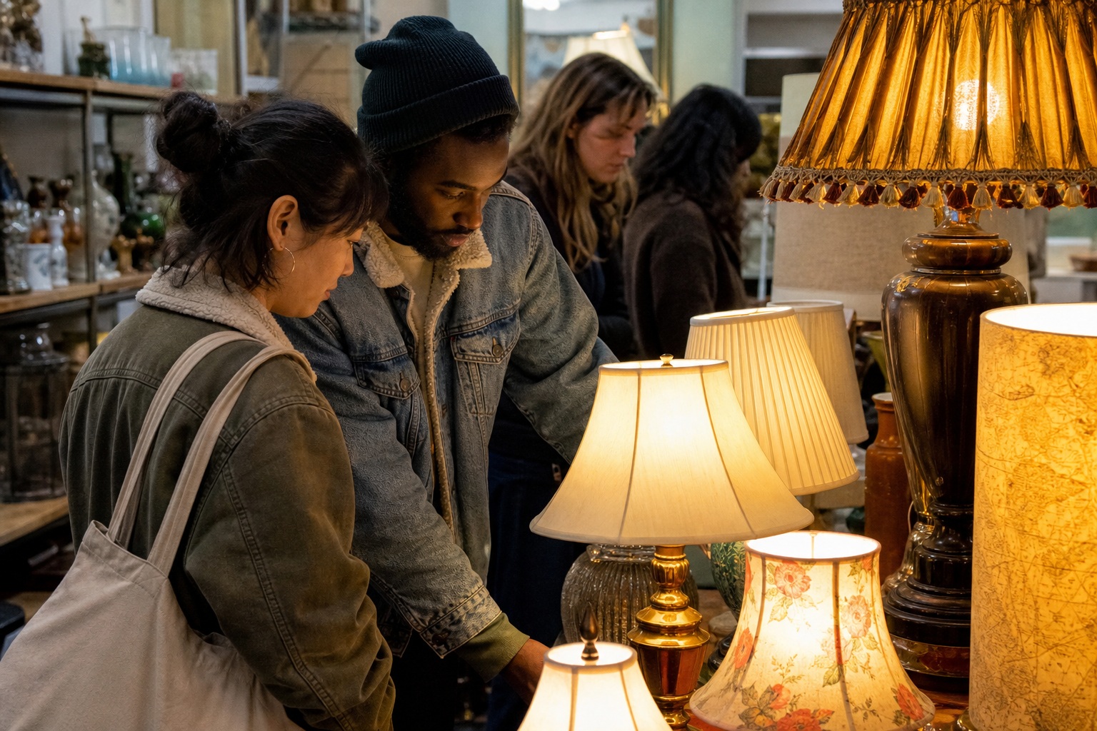 Three people browsing a thrift store lamp display with warm table lamps glowing.