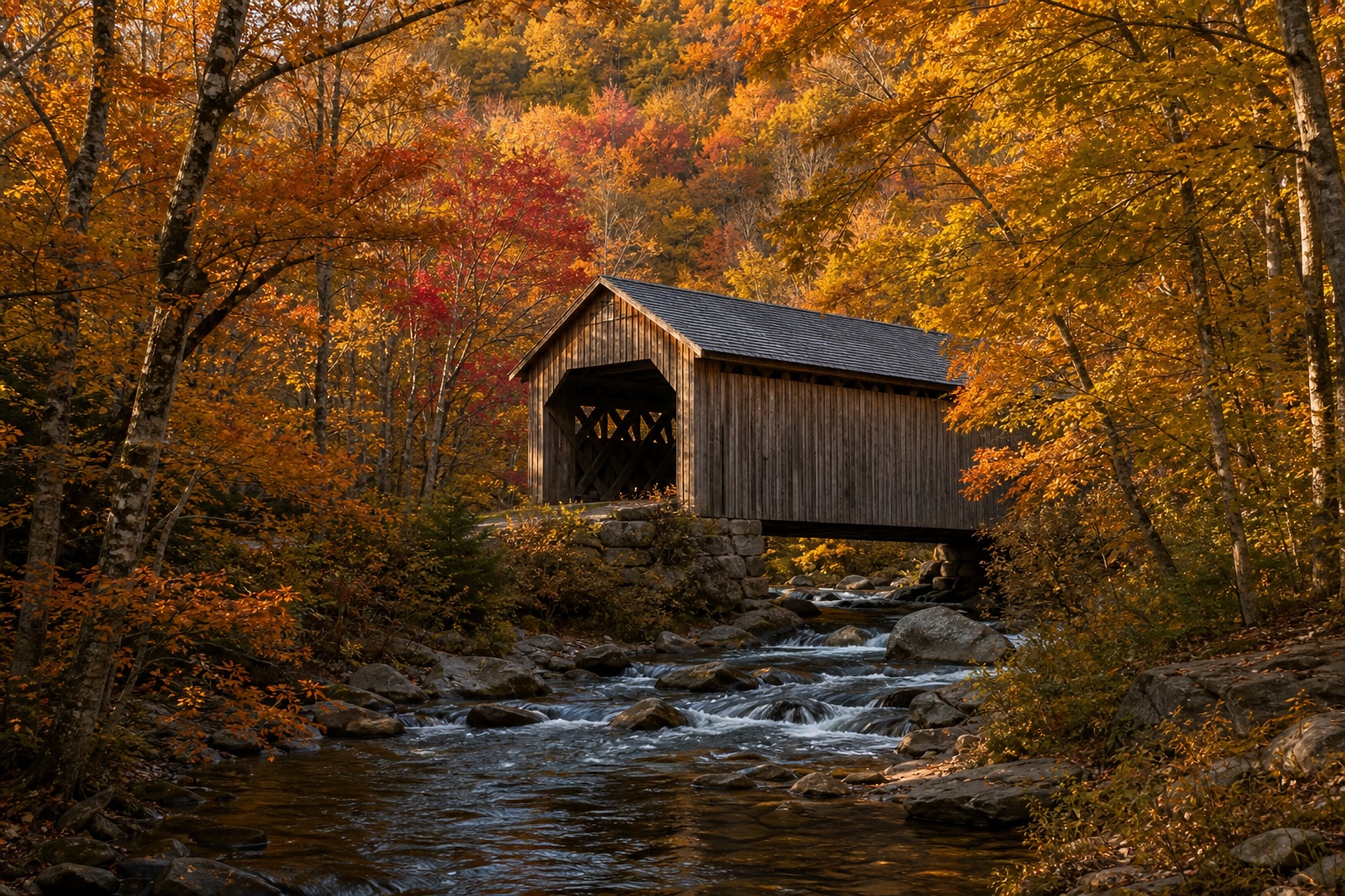 Preview for Autumn Covered Bridge Landscape Background