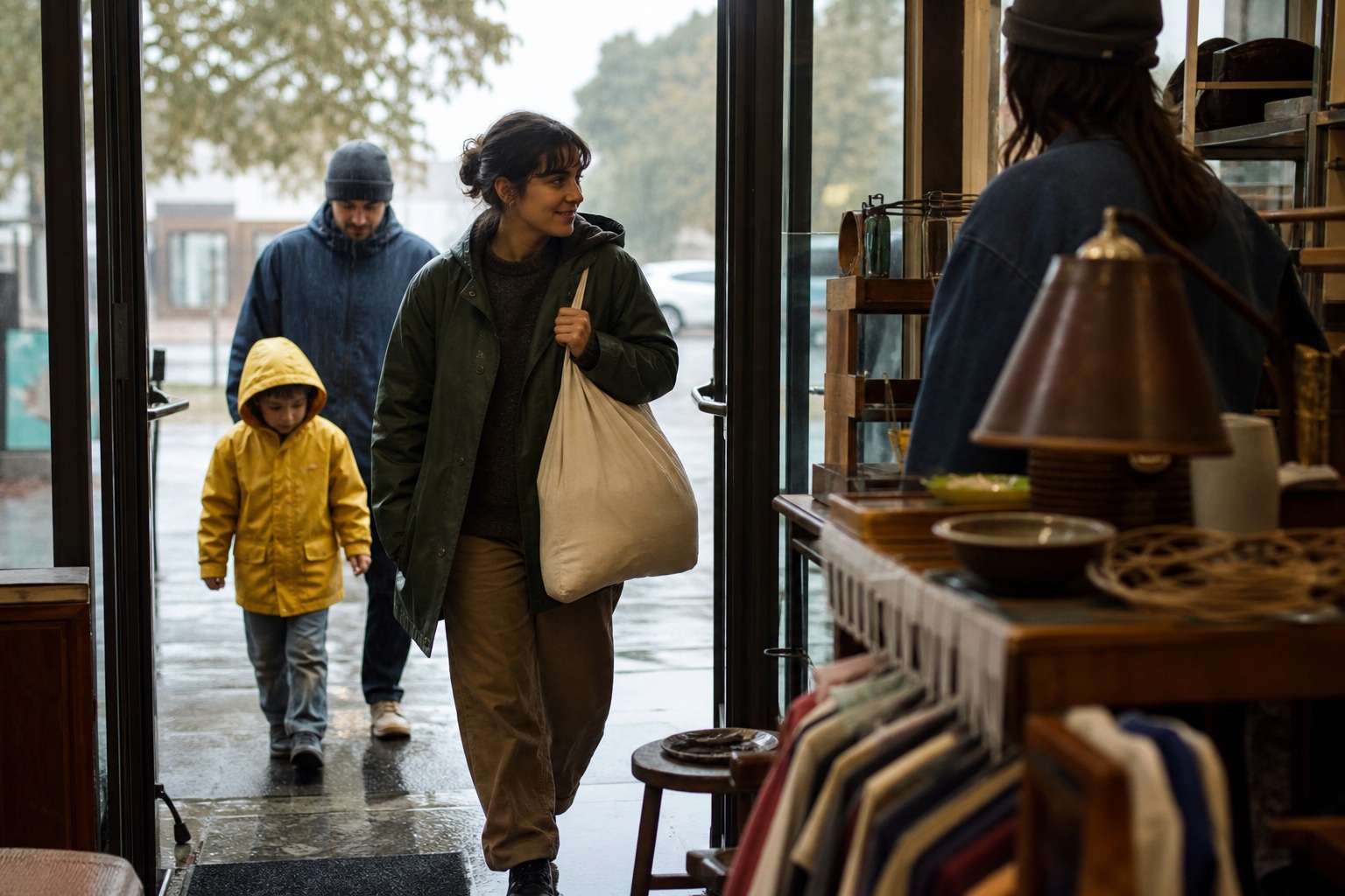 Candid shoppers walking into a thrift store beside vintage clothing racks