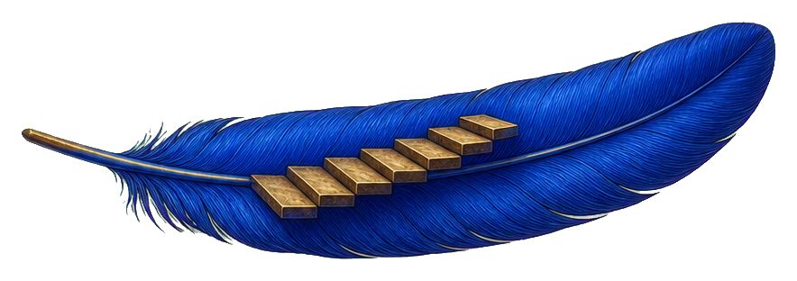 Blue feather with small golden stairs rising across the center