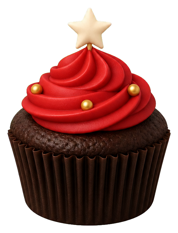 Chocolate cupcake with red frosting, gold sprinkles, and a star topper