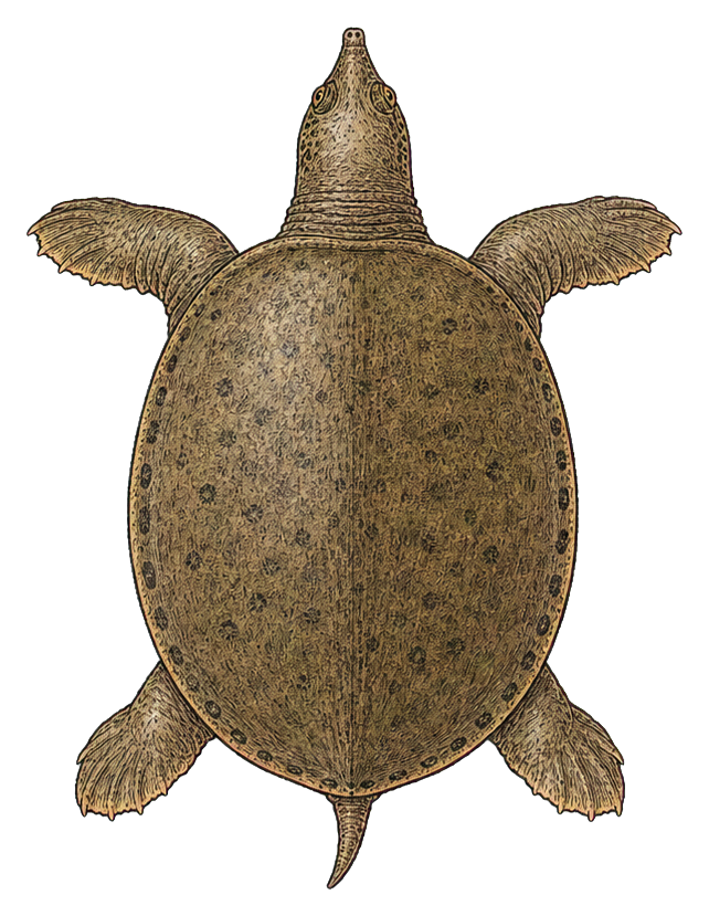Vintage softshell turtle sticker shown from above with textured shell and spread limbs.