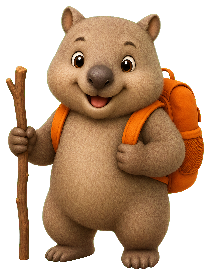 Cute wombat mascot holding a walking stick and wearing an orange backpack