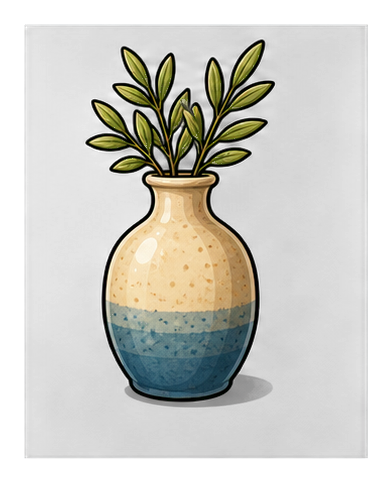 A speckled ceramic vase with green leaves on a black background.