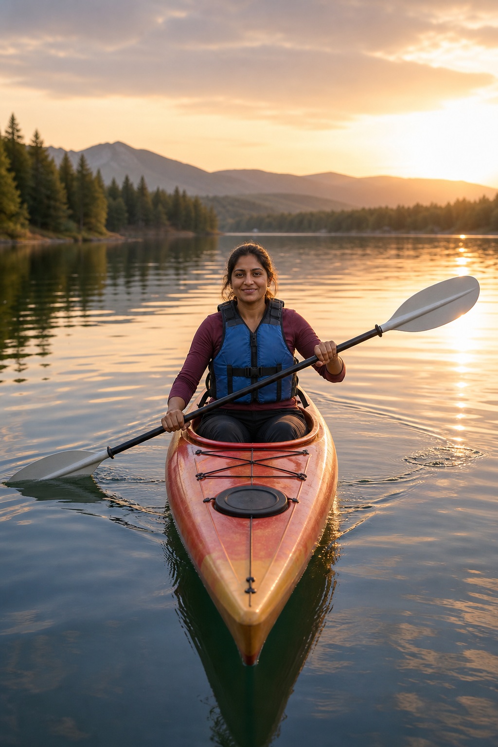 Smiling kayaker in an orange canoe on a calm lake at sunset