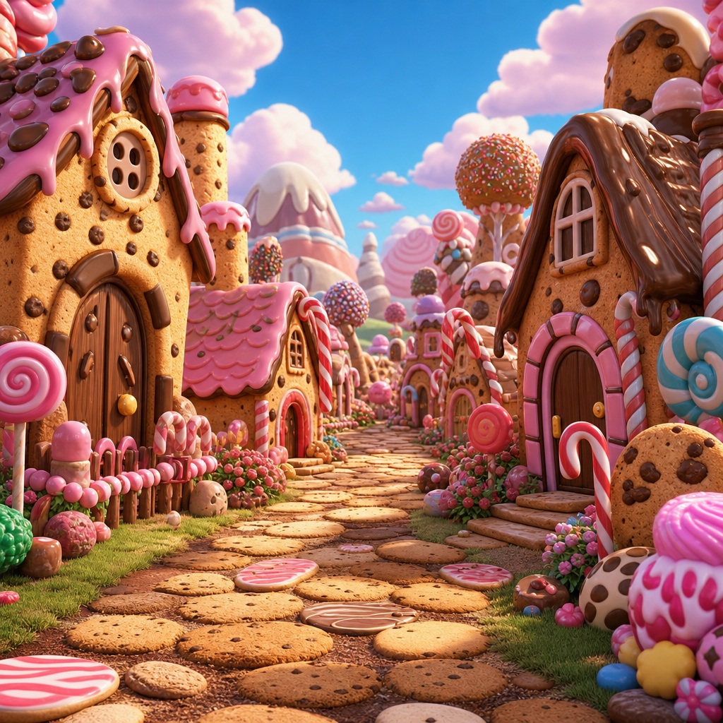 Cartoon candy village path with cookie houses, lollipops, and pastel sweets