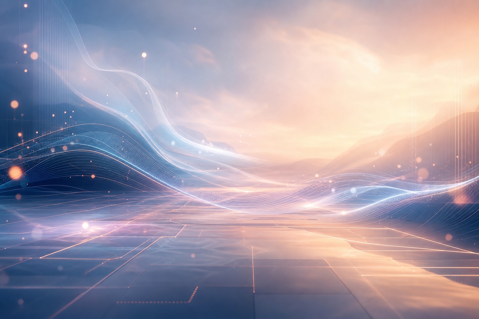 Abstract wide background with glowing waves, horizon light, and a soft digital grid.